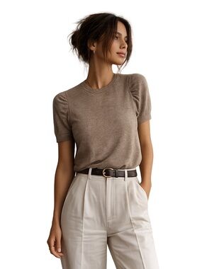 Escada Puff-Sleeve Short-Sleeve Knit Top in Taupe